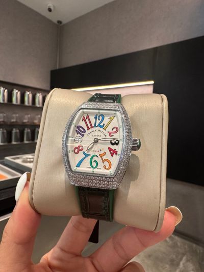 Franck Muller Cintrée Curvex Diamond Watch White Face Green Leather Band 32*42mm